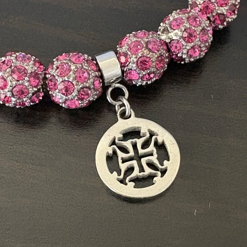 Rustic Cuff Pink Emerson Stretch‎ Bracelet Sparkly Beads Silvertone Logo Charm